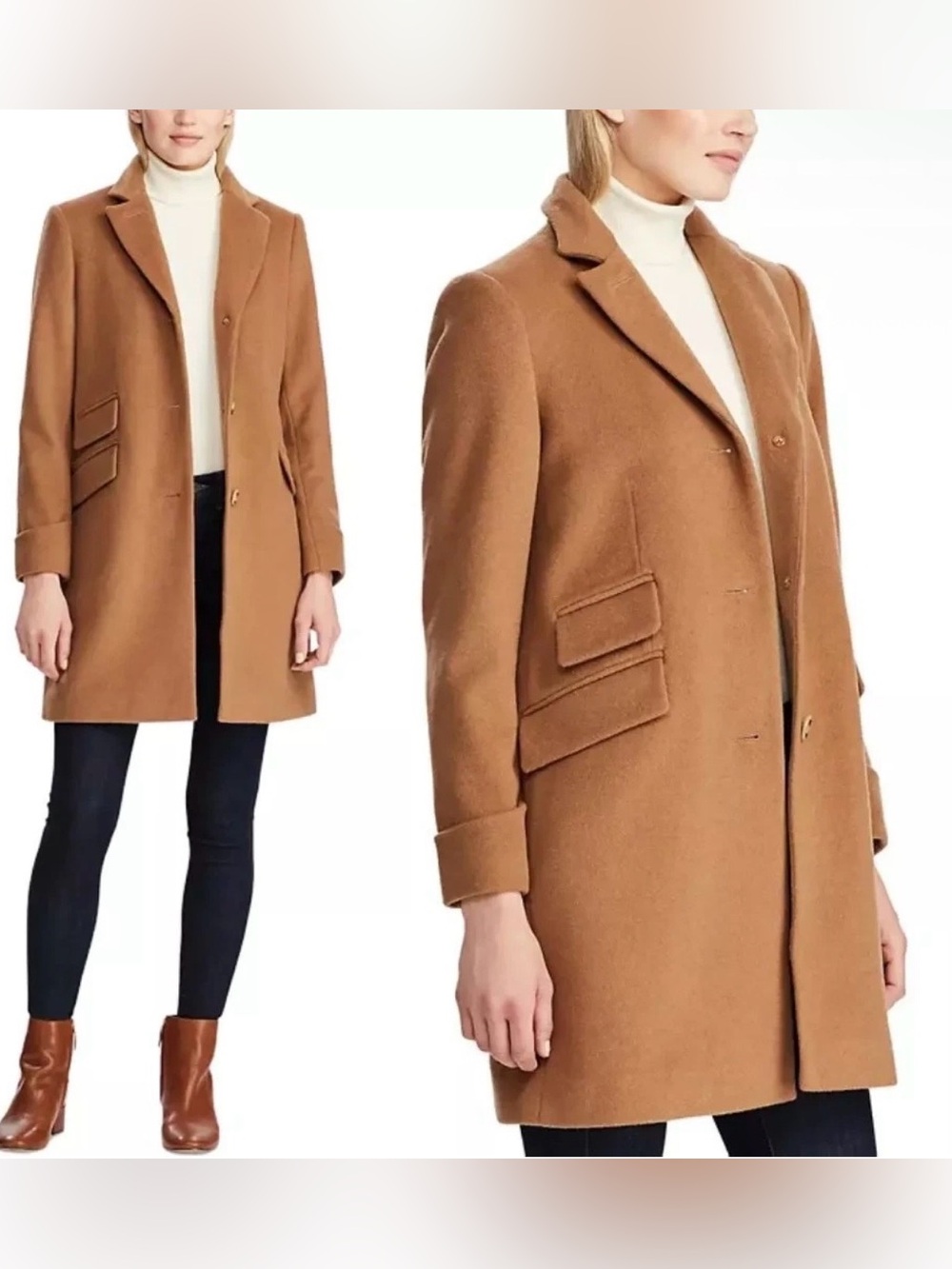 Lauren Ralph Lauren Camel Wool-Blend Notch Collar Pea Coat
